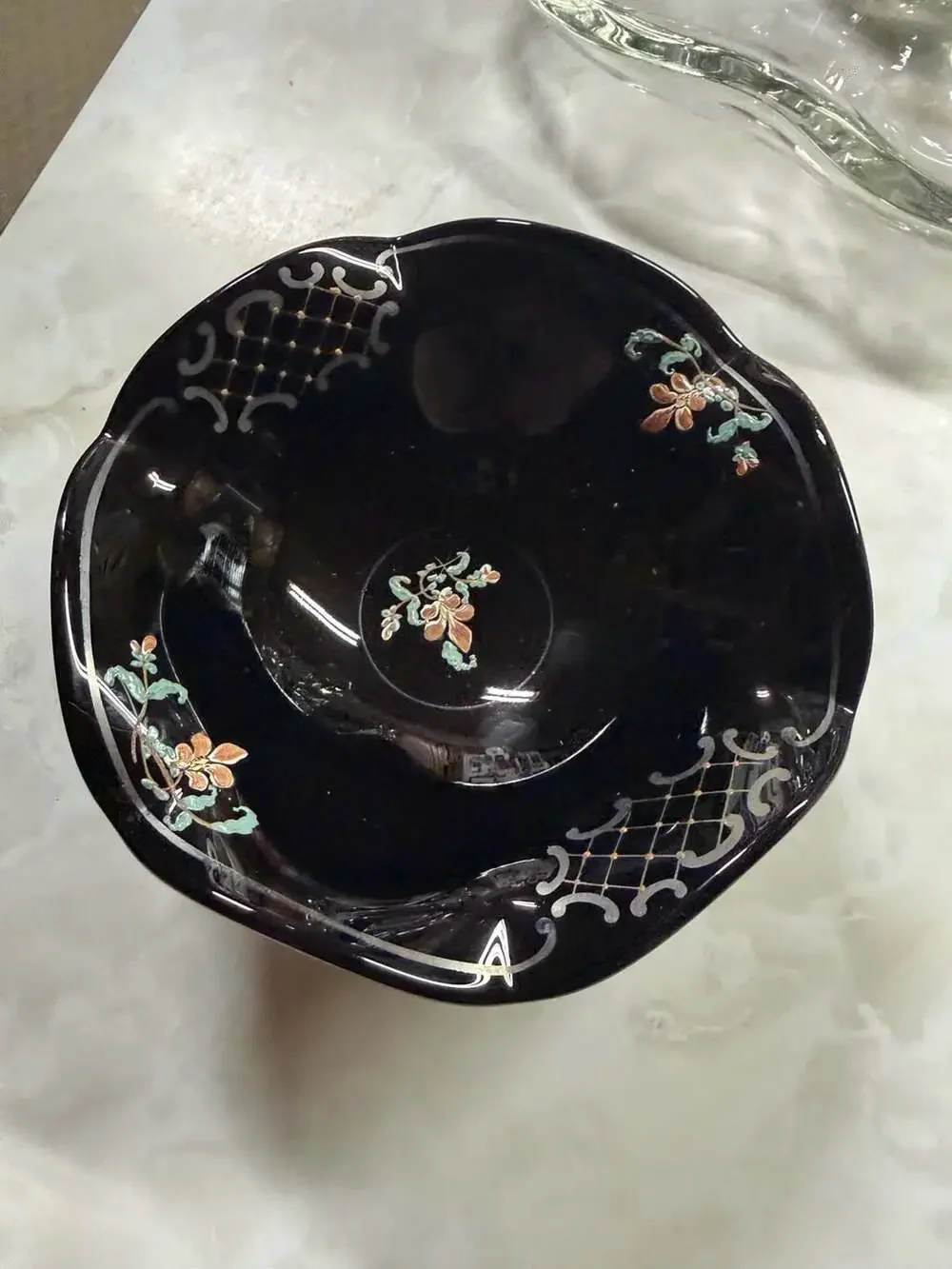 Vintage Japanese Black Porcelain Scalloped Footed Bowl with Hand-Painted Floral